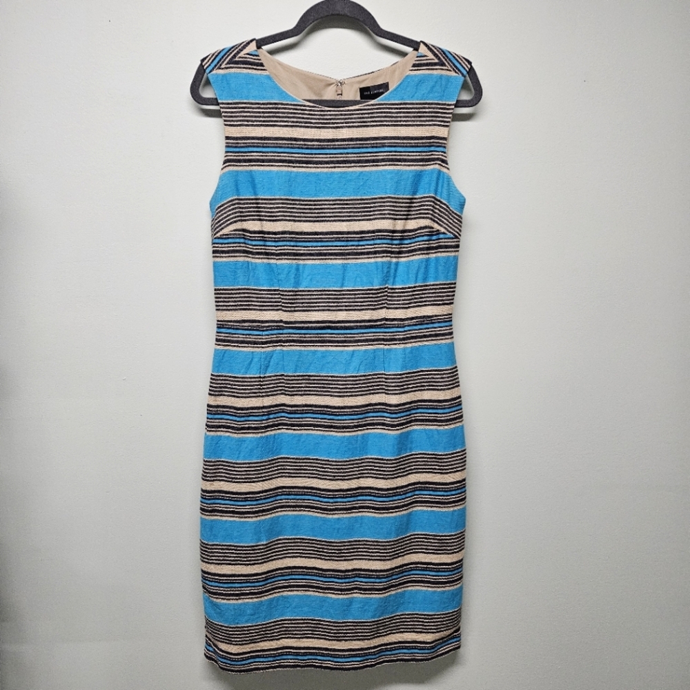 The Limited Linen Blend Sheath Dress Sleeveless Striped Sz 8 Classic Blue